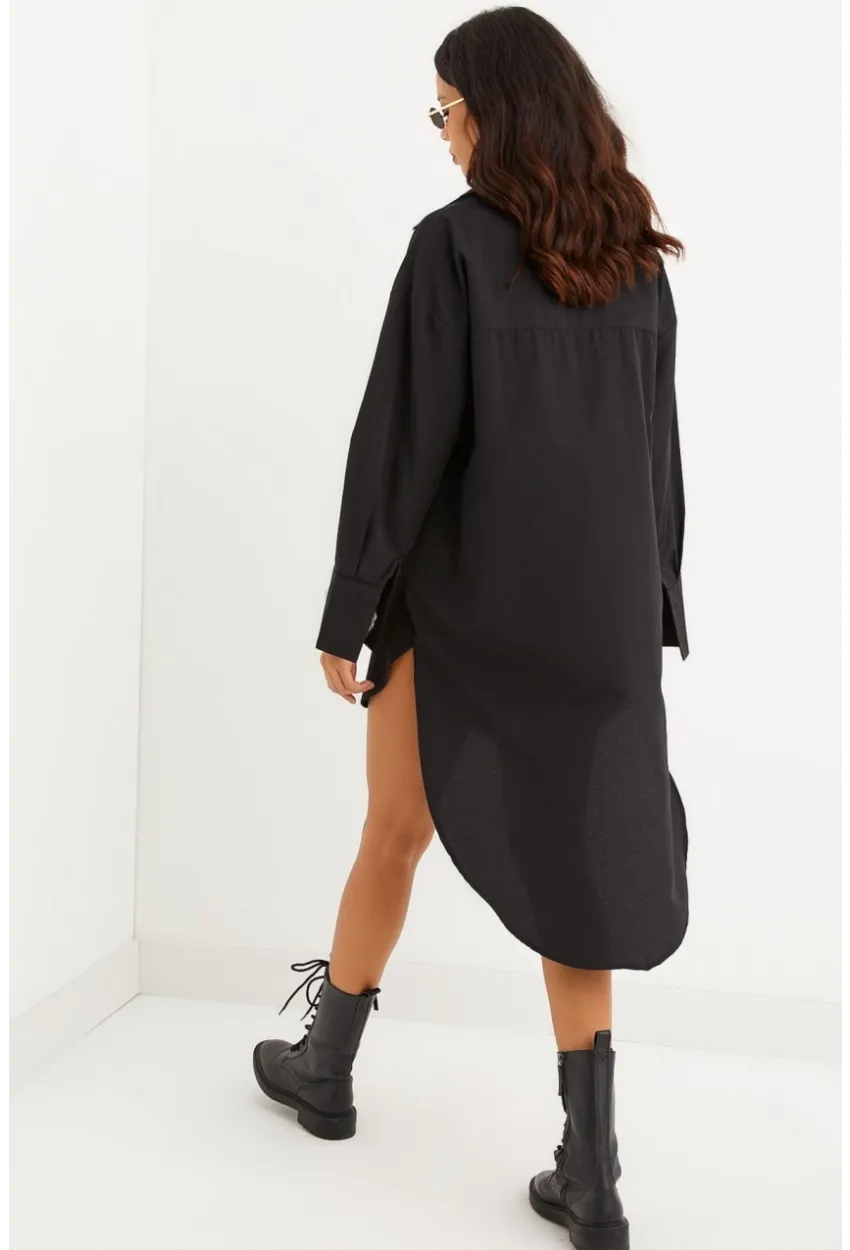 Kadın Siyah Gizli Düğmeli Tunik Gömlek Elbise SF1292