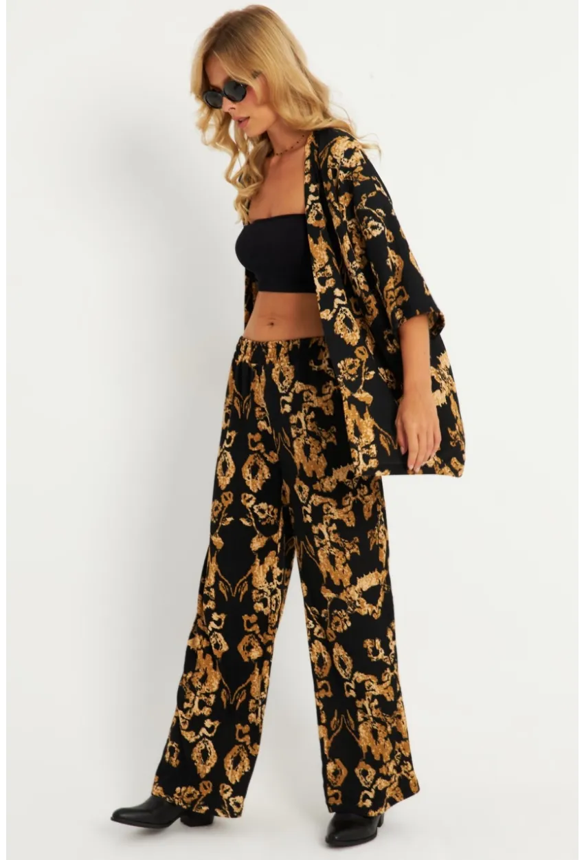 Kadın Siyah-Gold Desenli Bürümcük Alt Üst  Takım LON3004