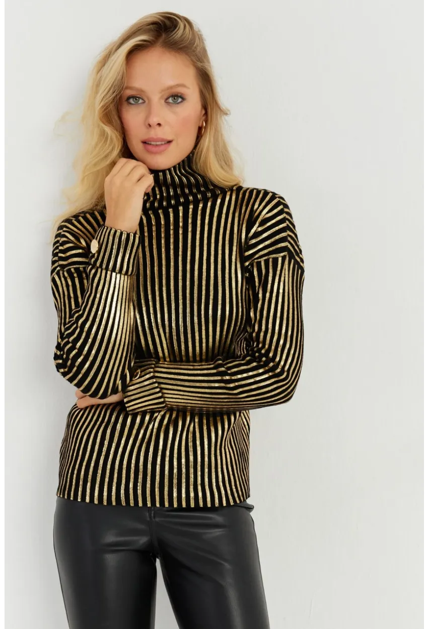 Kadın Siyah-Gold Düğme Detaylı Varaklı Triko Kazak SF2532