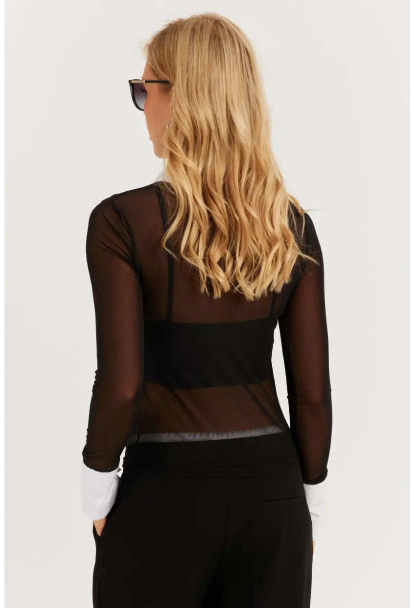 Kadın Siyah Gömlek Yaka Tül Bluz MEN2033