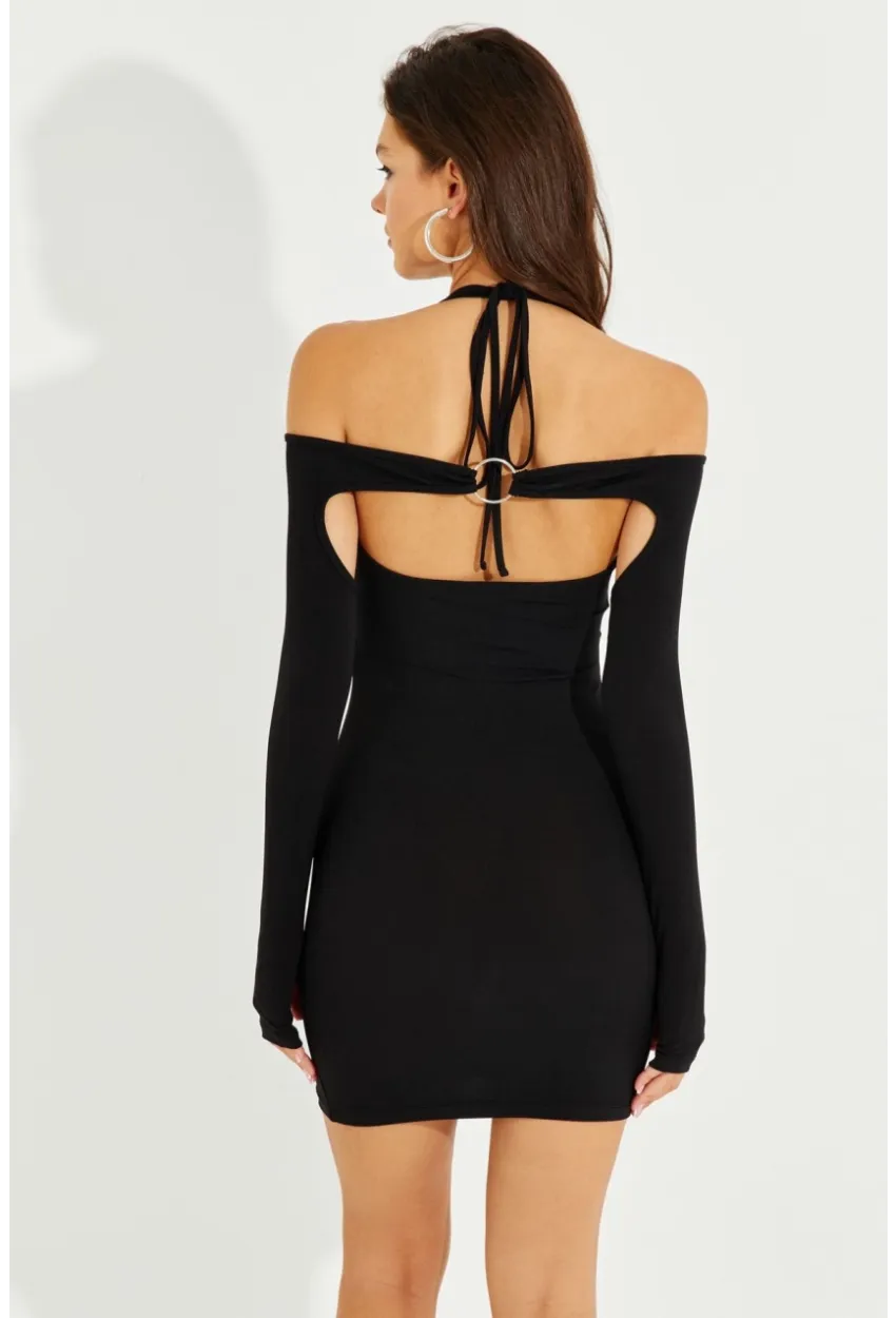 Kadın Siyah Halkalı İkili Mini Eldivenli Elbise B2770