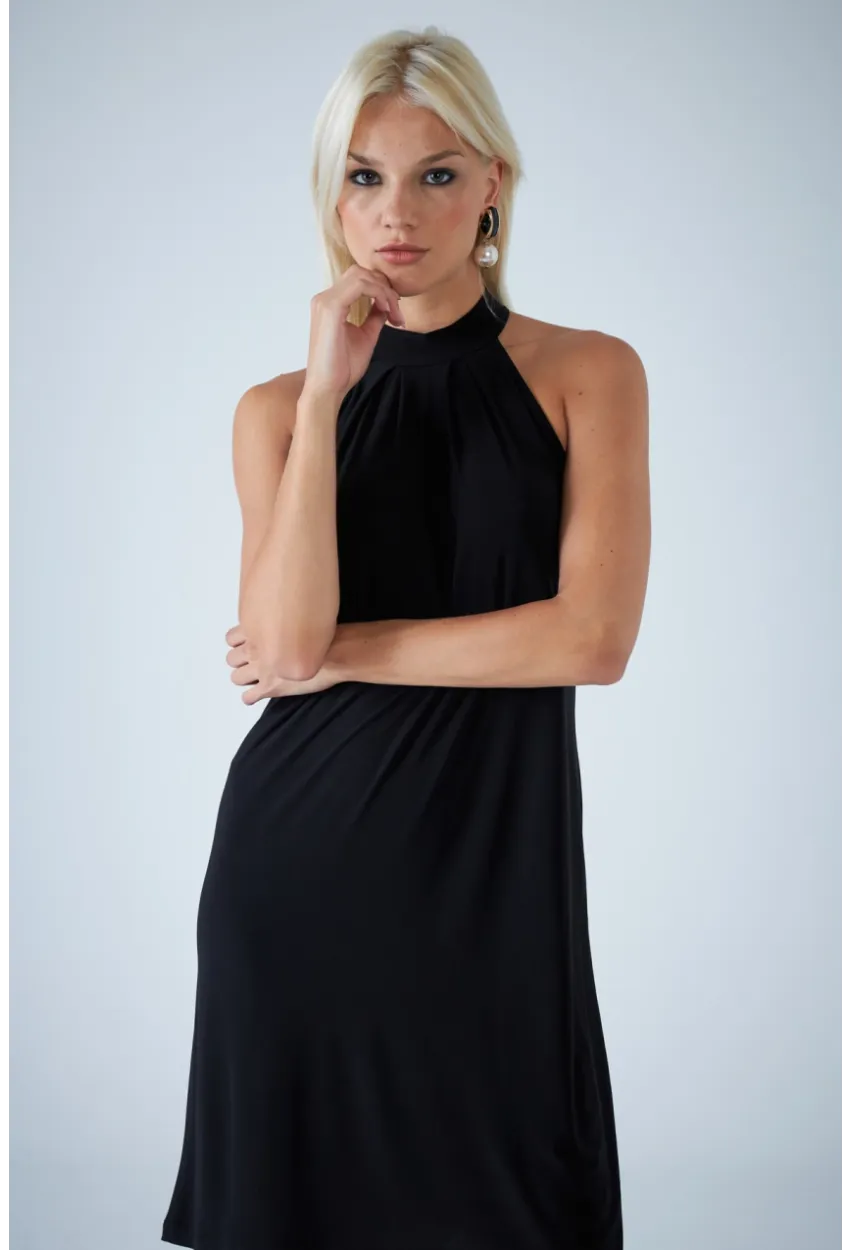 Kadın Siyah Halter Yaka Midi Elbise LPP1309