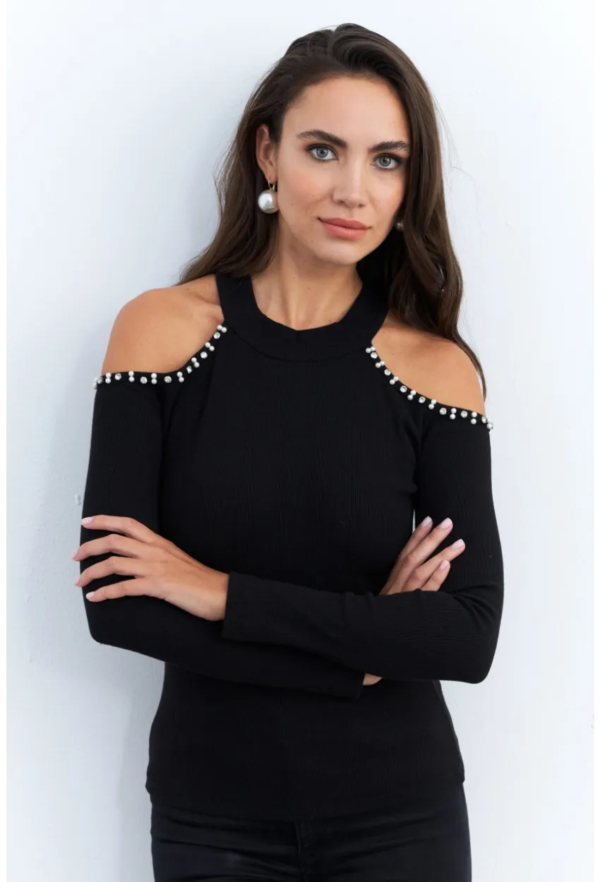 Kadın Siyah İnci Aksesuarlı Bluz RLO86