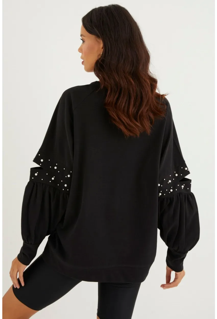 Kadın Siyah İncili Kol Detaylı Sweatshirt PKA400