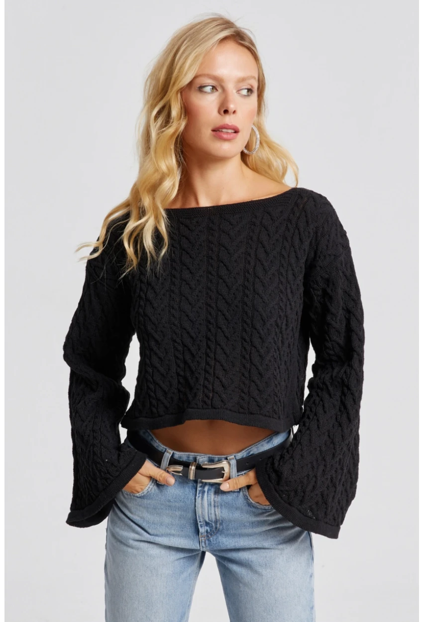 Kadın Siyah İspanyol Kol Ajurlu İnce Triko Kazak YV214-90