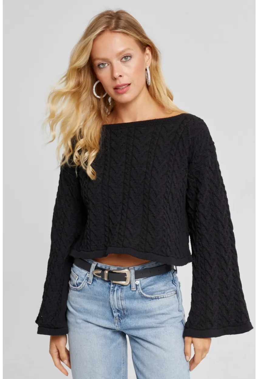 Kadın Siyah İspanyol Kol Ajurlu İnce Triko Kazak YV214-90