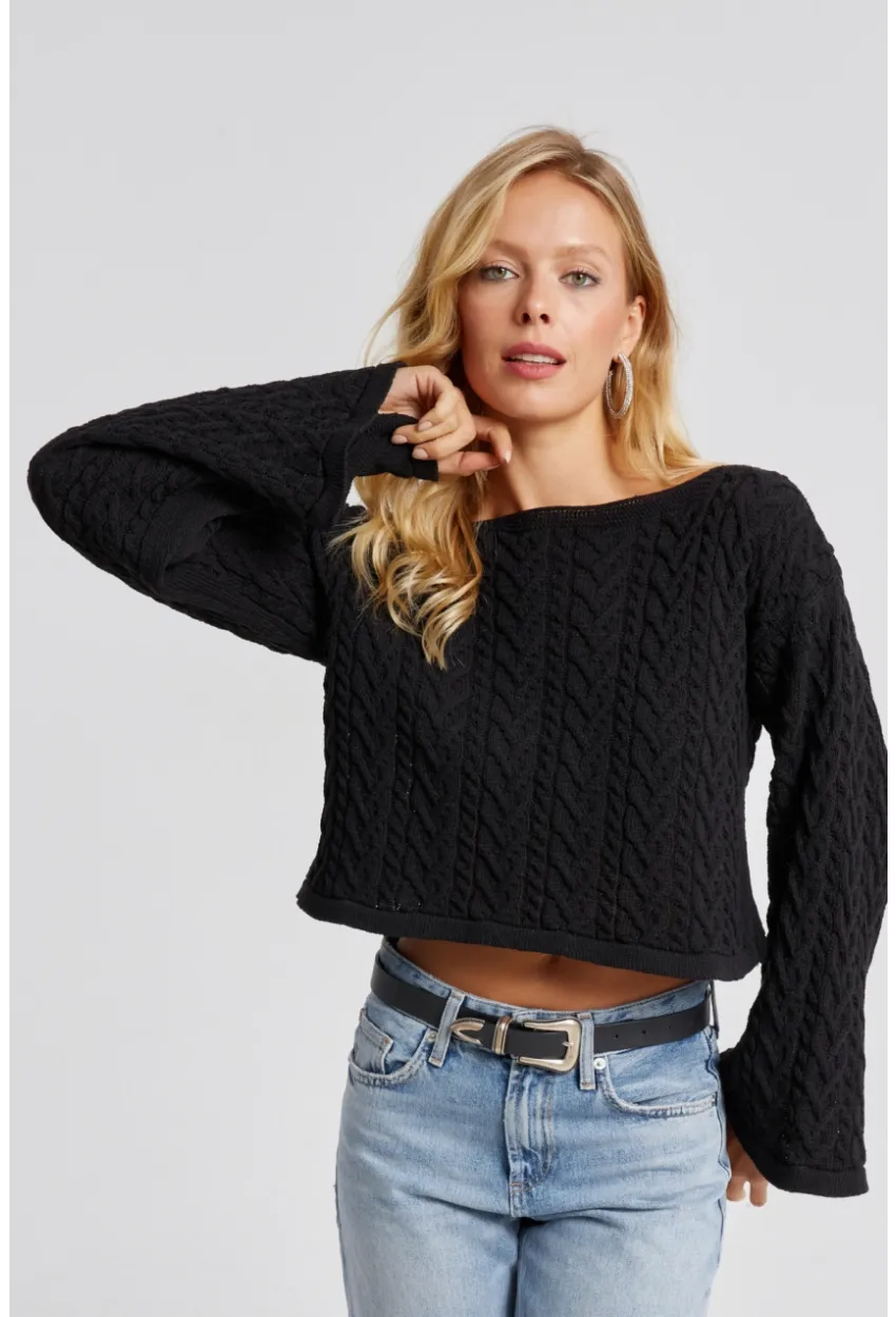 Kadın Siyah İspanyol Kol Ajurlu İnce Triko Kazak YV214-90