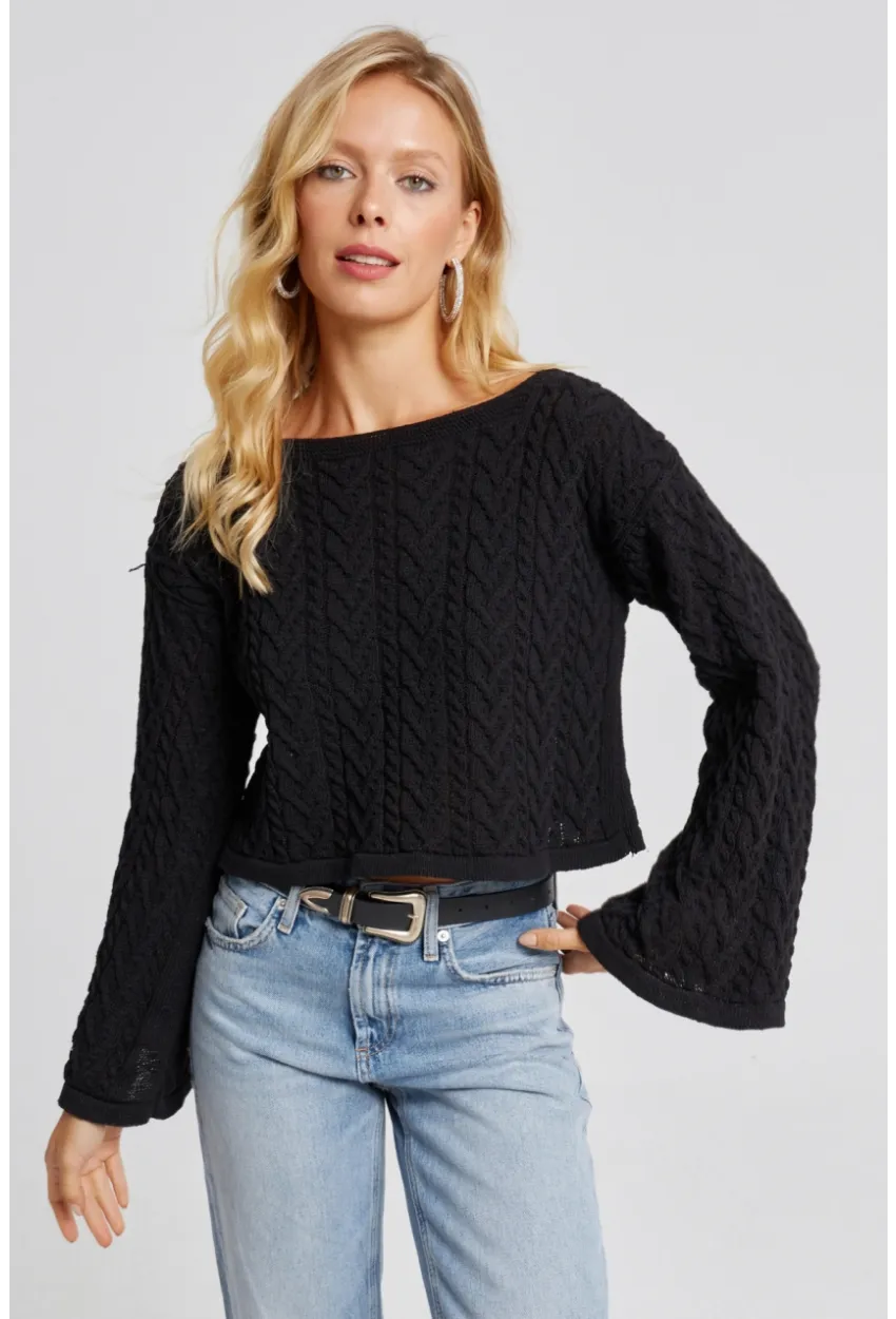 Kadın Siyah İspanyol Kol Ajurlu İnce Triko Kazak YV214-90