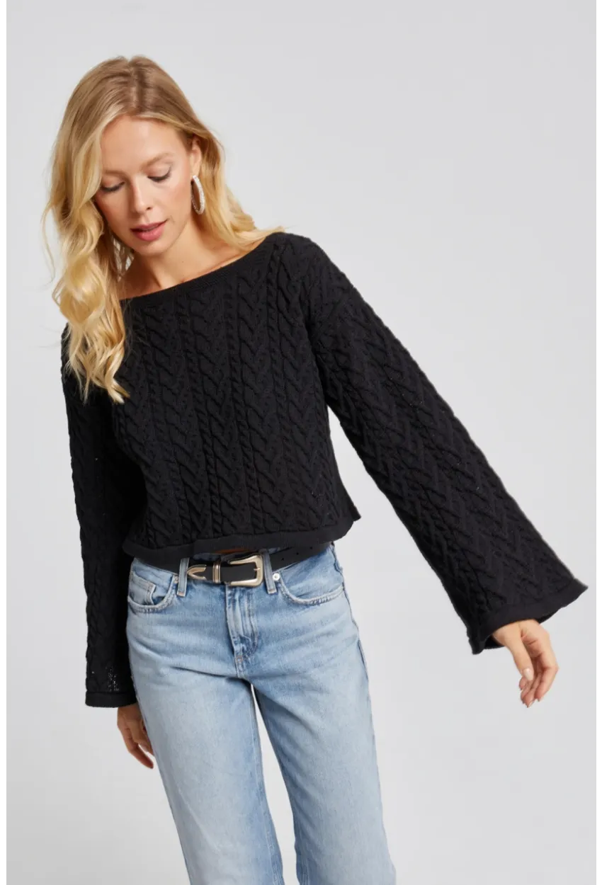 Kadın Siyah İspanyol Kol Ajurlu İnce Triko Kazak YV214-90