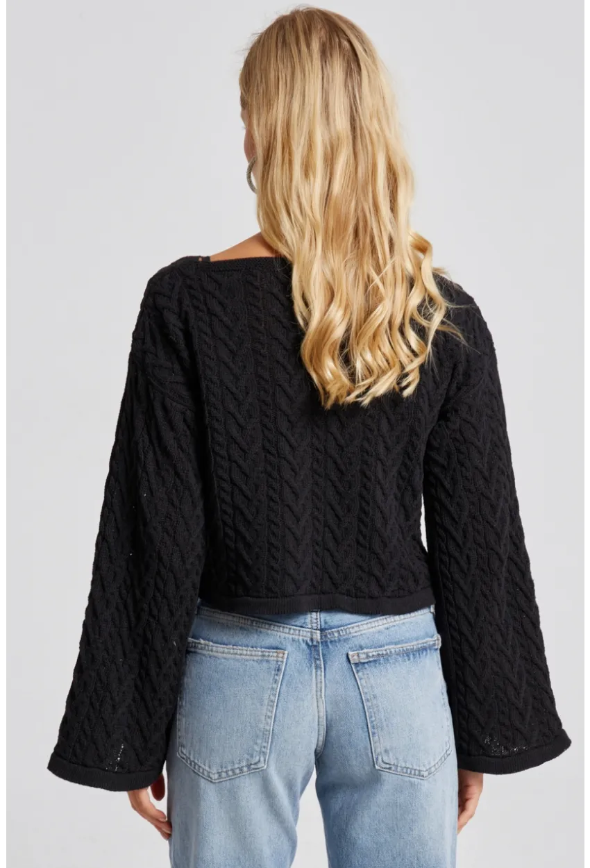 Kadın Siyah İspanyol Kol Ajurlu İnce Triko Kazak YV214-90