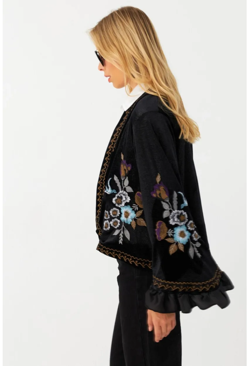 Kadın Siyah İspanyol Kol Nakışlı Kadife Simli Ceket QS5577