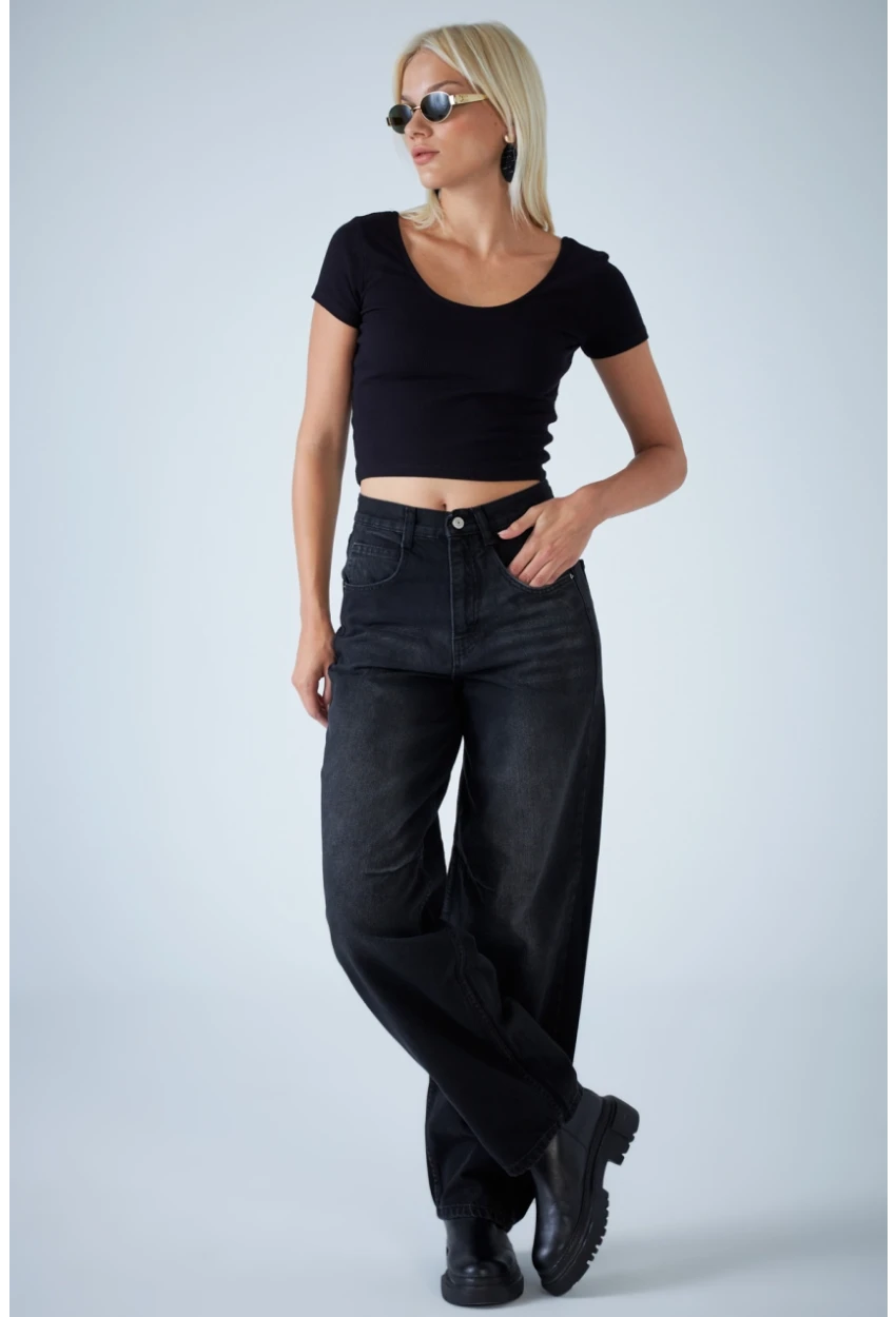 Kadın Siyah Yüksek Bel Baggy Jean TSS388