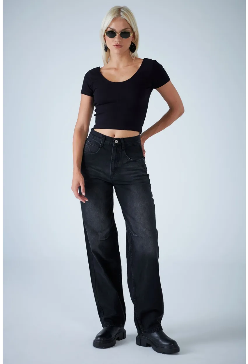 Kadın Siyah Yüksek Bel Baggy Jean TSS388