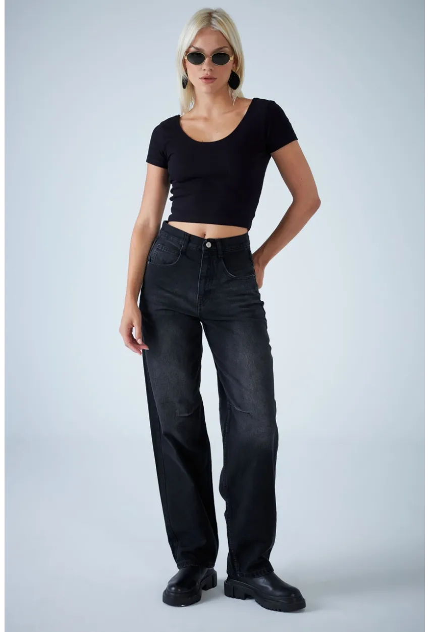Kadın Siyah Yüksek Bel Baggy Jean TSS388