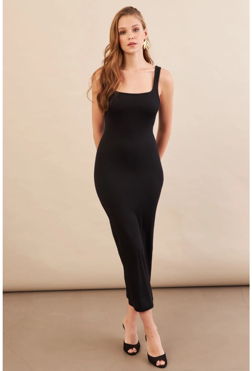 Kadın Siyah Kare Yaka Midi Elbise DMR295-90