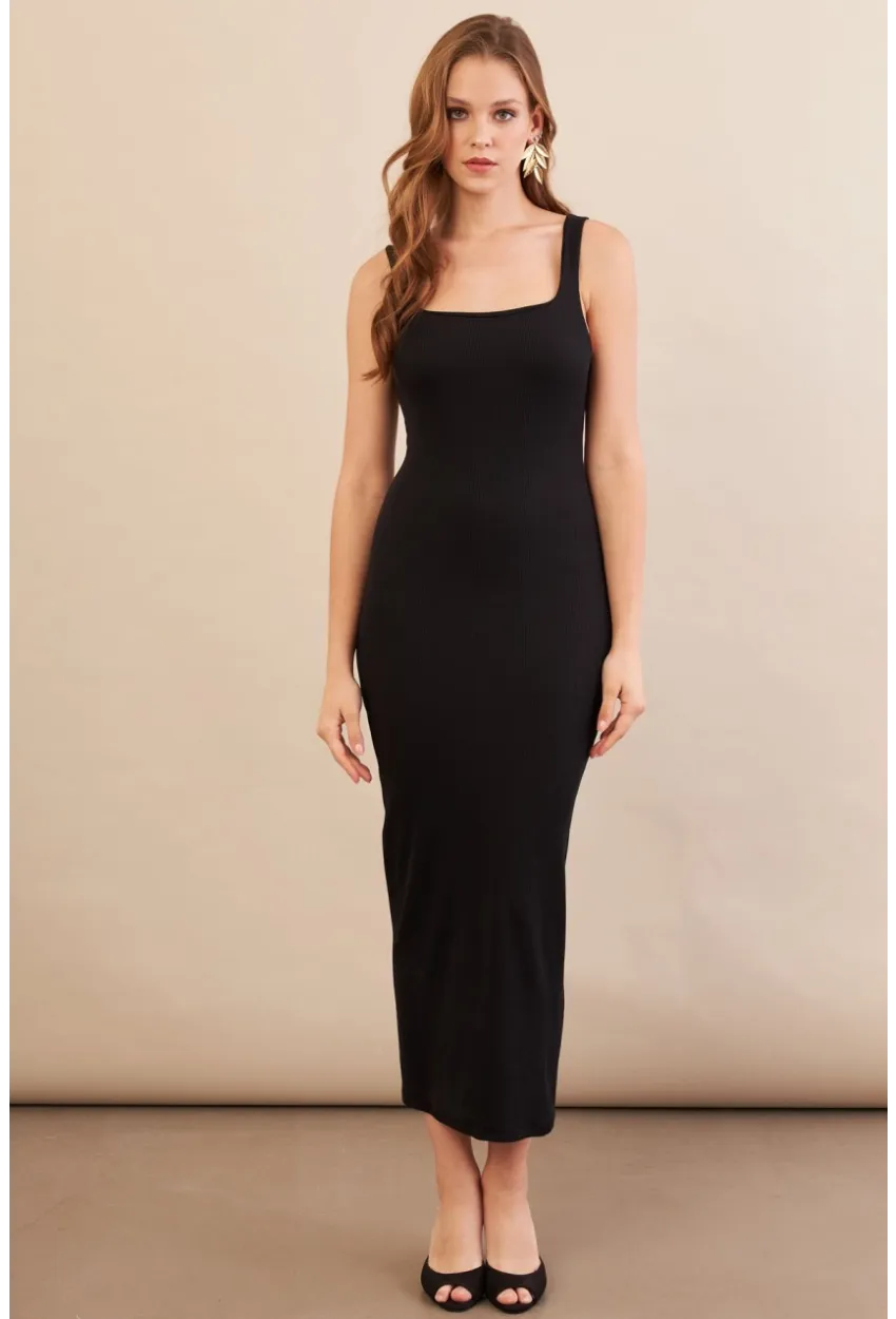 Kadın Siyah Kare Yaka Midi Elbise DMR295-90