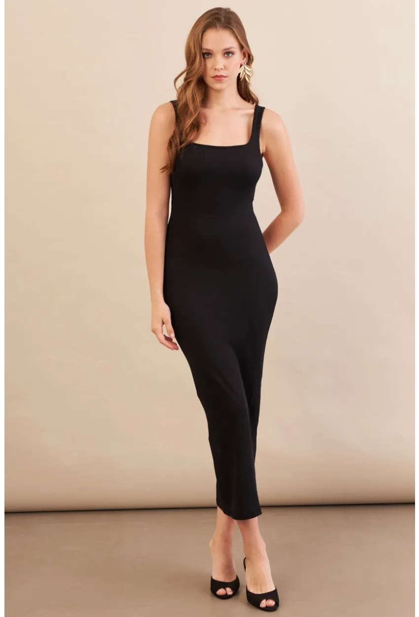 Kadın Siyah Kare Yaka Midi Elbise DMR295-90