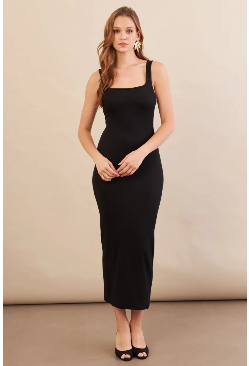 Kadın Siyah Kare Yaka Midi Elbise DMR295-90