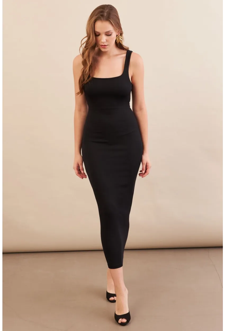 Kadın Siyah Kare Yaka Midi Elbise DMR295-90