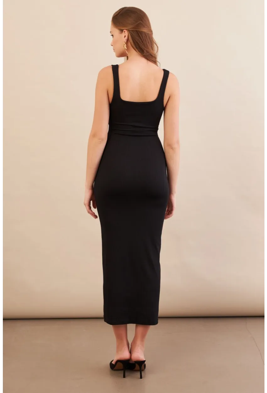 Kadın Siyah Kare Yaka Midi Elbise DMR295-90