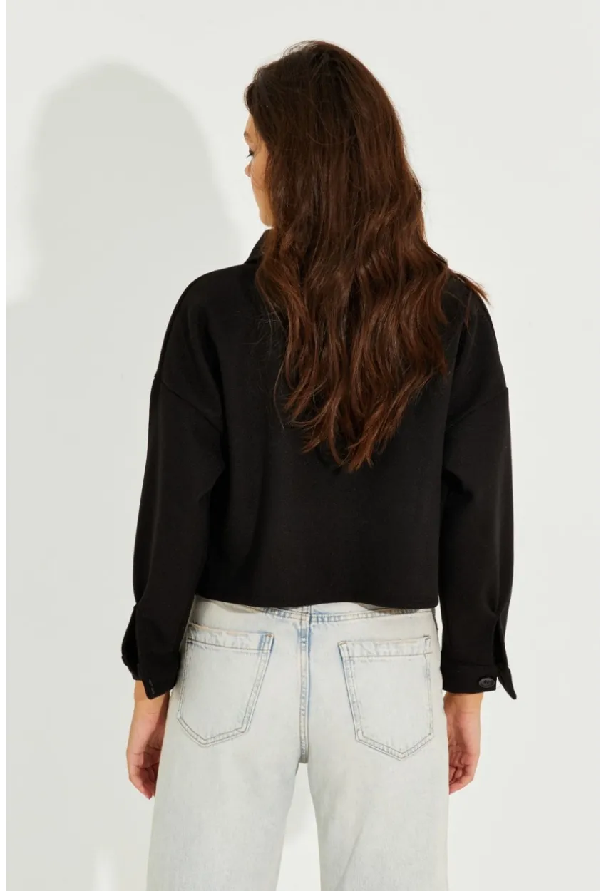 Kadın Siyah Kaşe Cepli Kısa Ceket PP2444