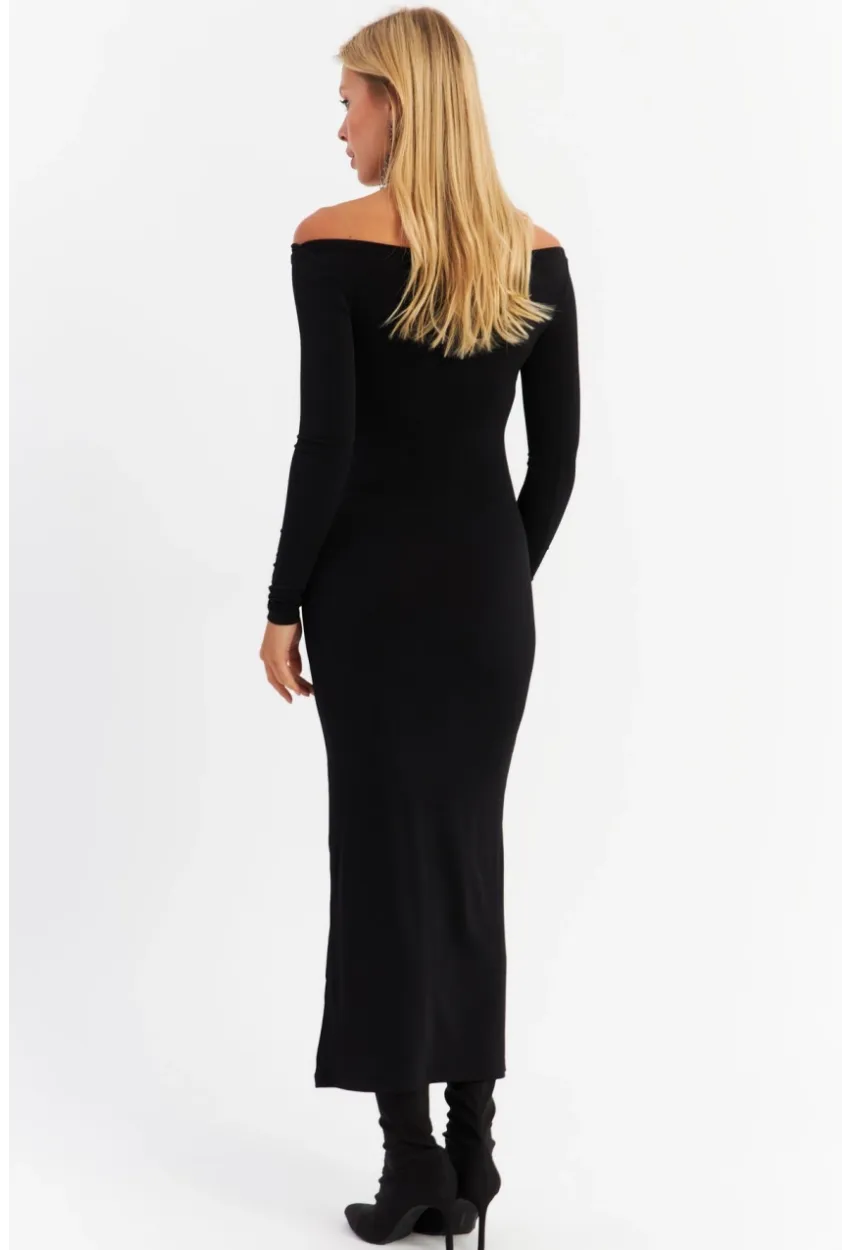 Kadın Siyah Kayık Yaka Maxi Yılbaşı Elbise HOR03