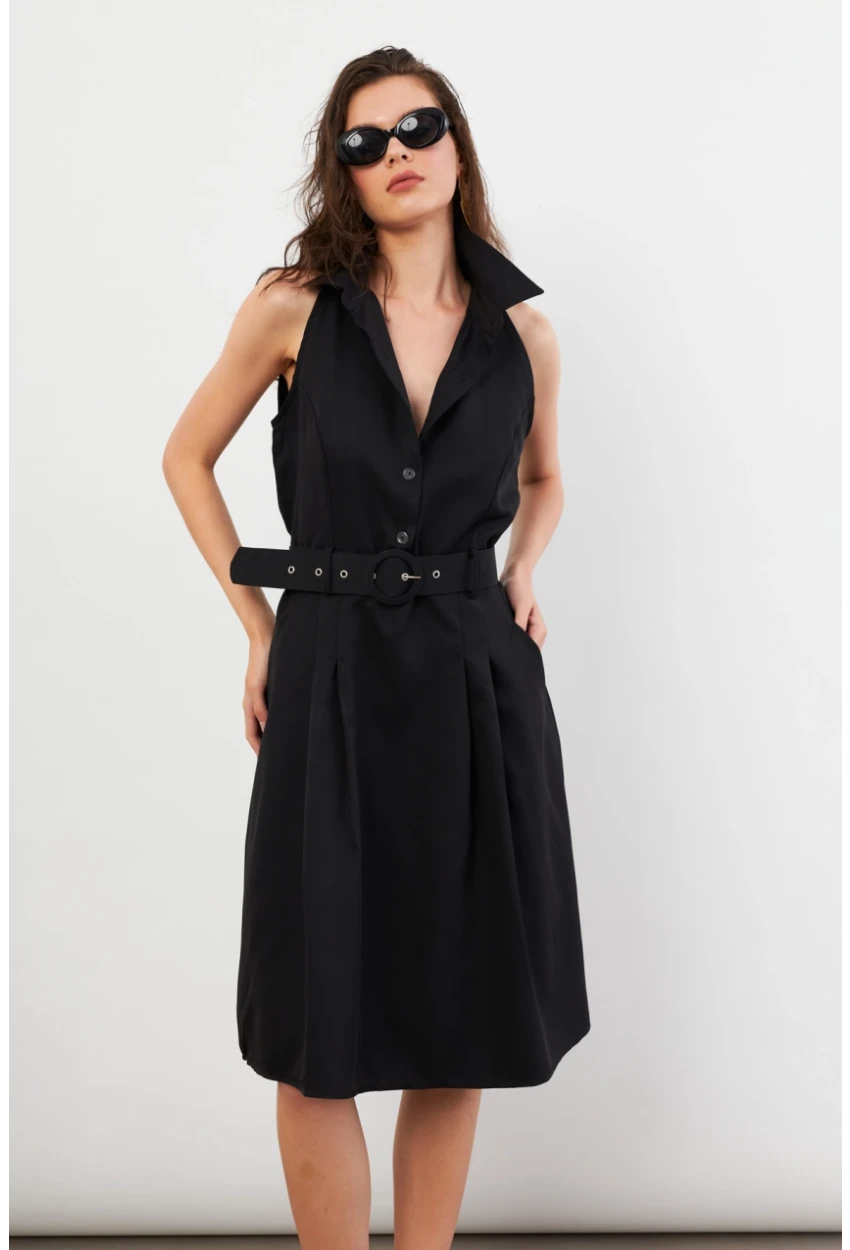 Kadın Siyah Kemerli Cepli Midi Elbise NH101