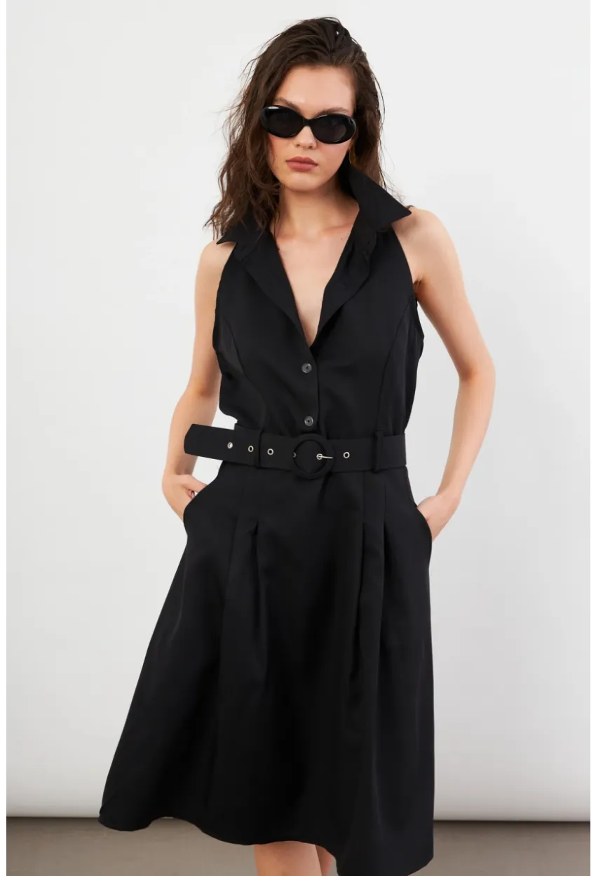 Kadın Siyah Kemerli Cepli Midi Elbise NH101
