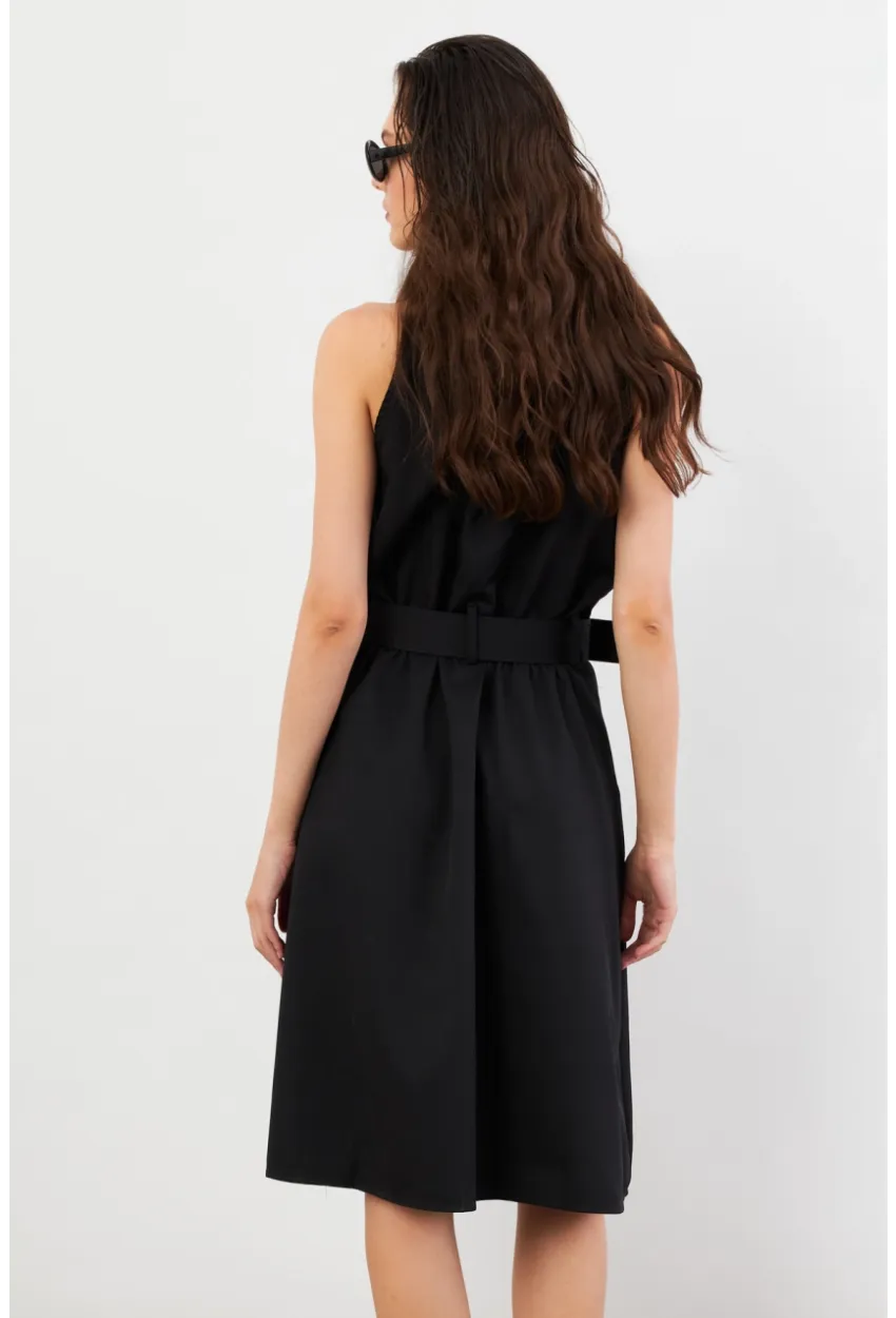 Kadın Siyah Kemerli Cepli Midi Elbise NH101