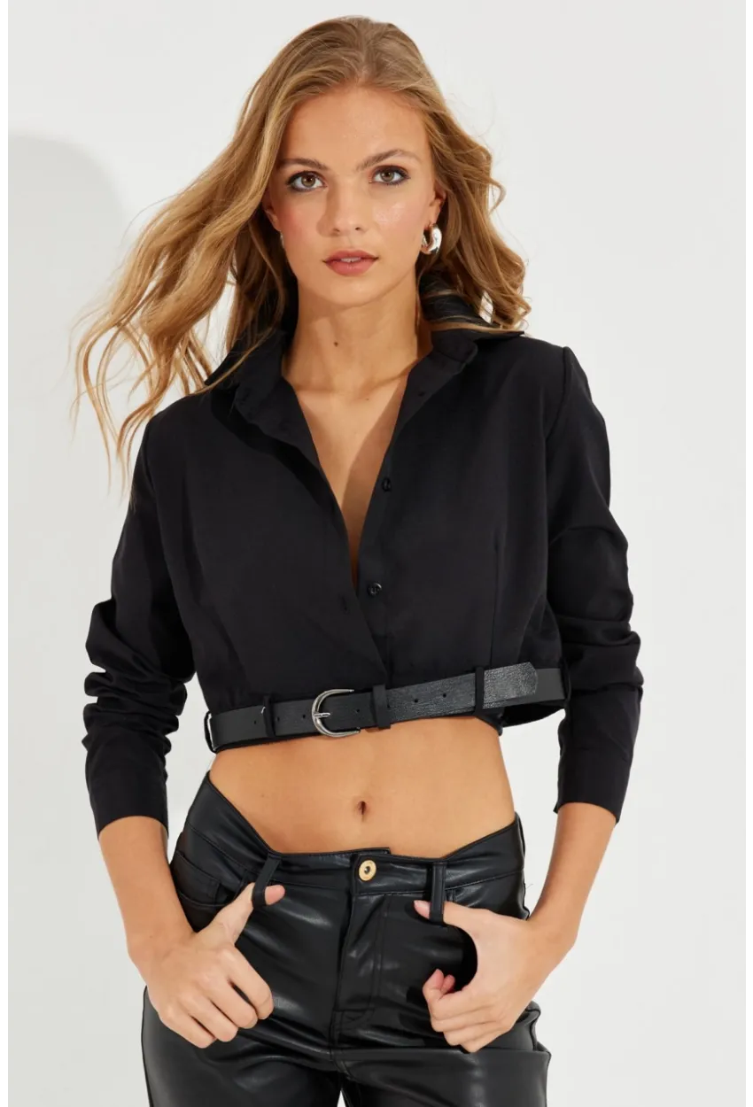 Kadın Siyah Kemerli Kısa Gömlek MEN2017