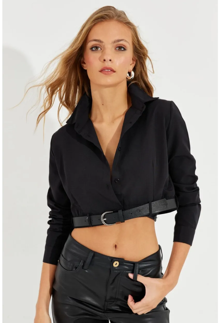 Kadın Siyah Kemerli Kısa Gömlek MEN2017