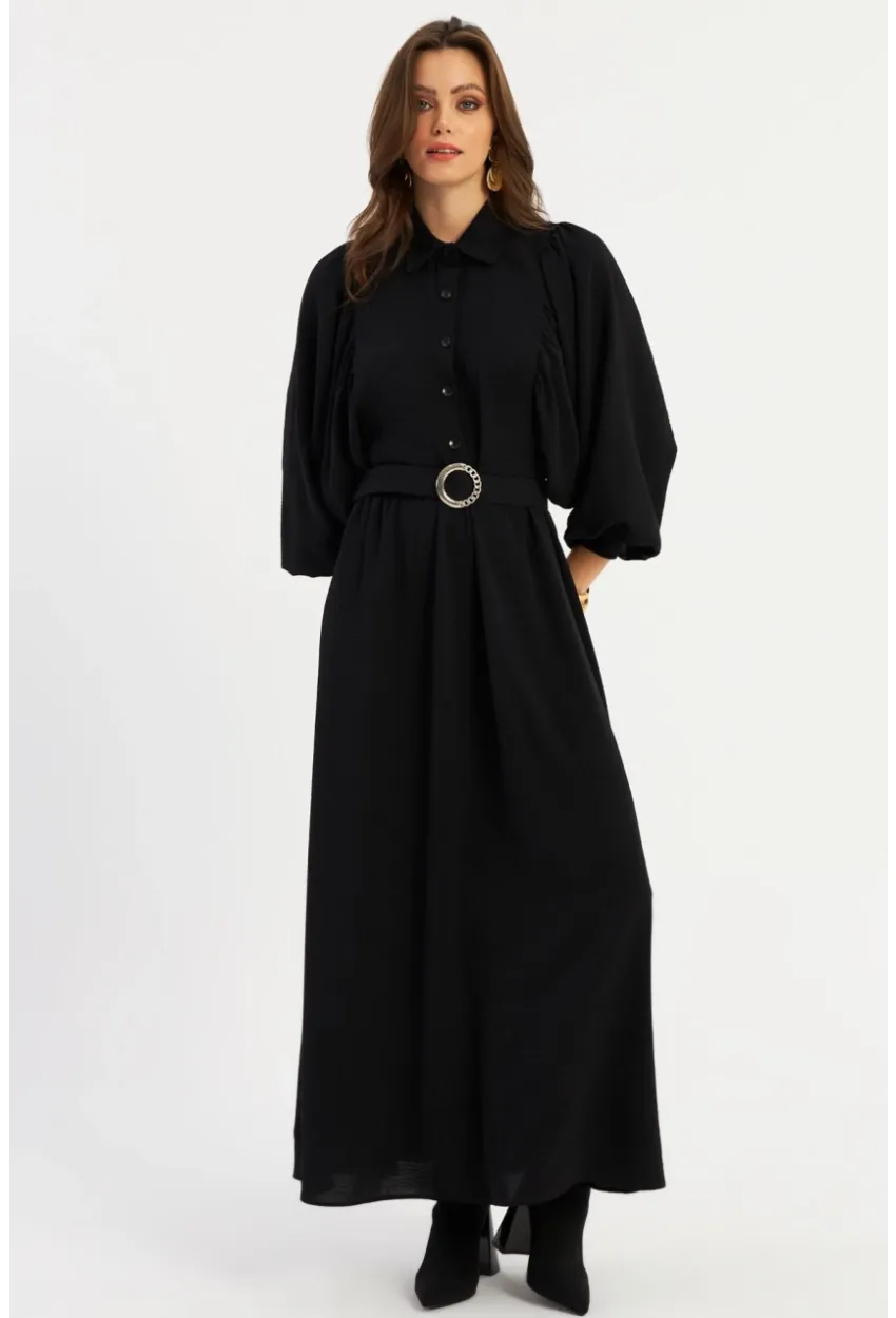 Kadın Siyah Kemerli Maxi Elbise MASF15