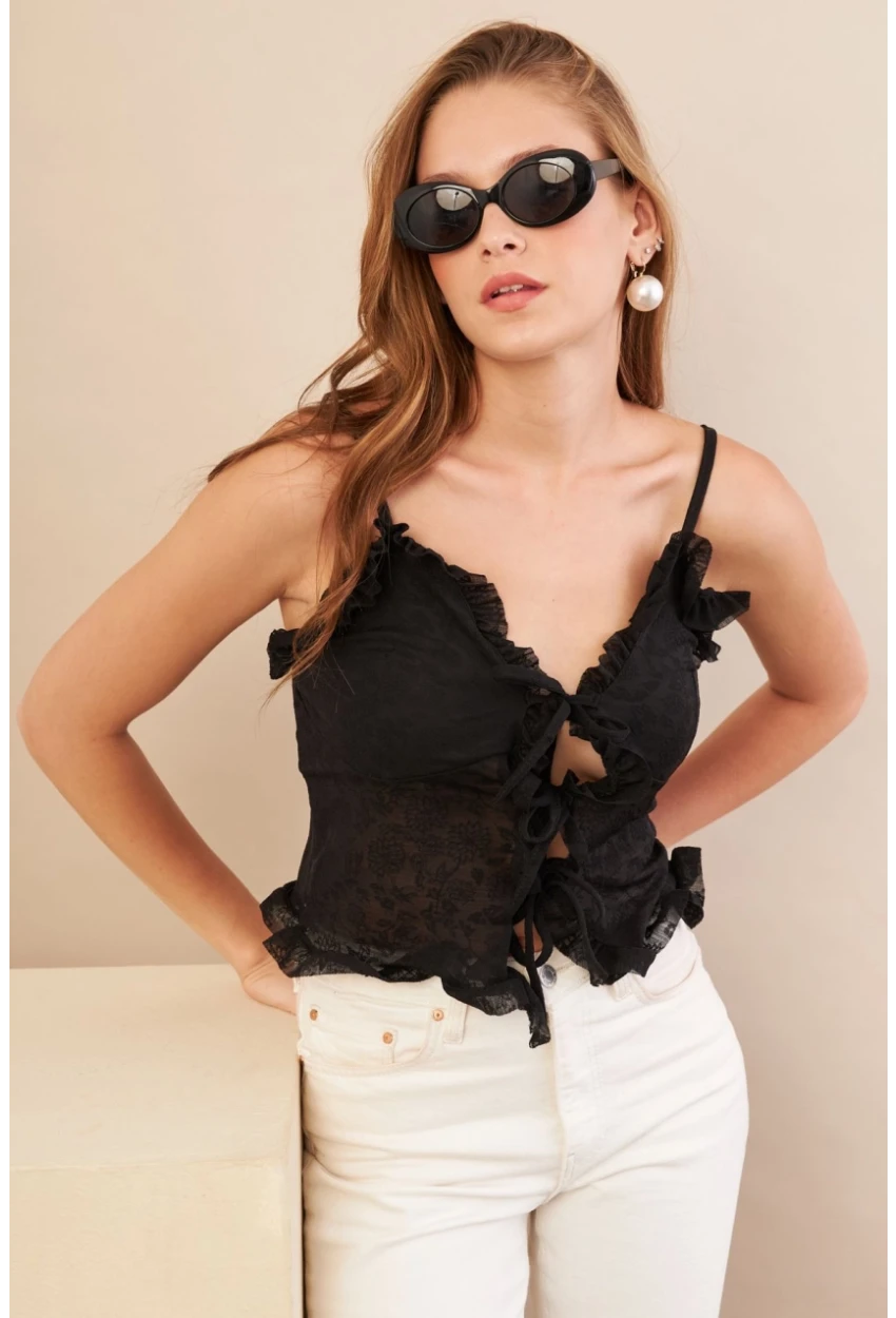 Kadın Siyah Kendinden Desenli Tül Bluz KED7329