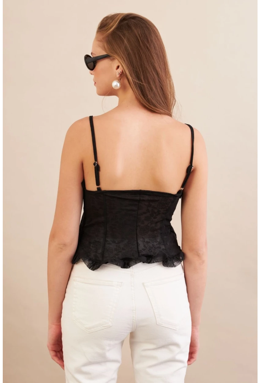 Kadın Siyah Kendinden Desenli Tül Bluz KED7329