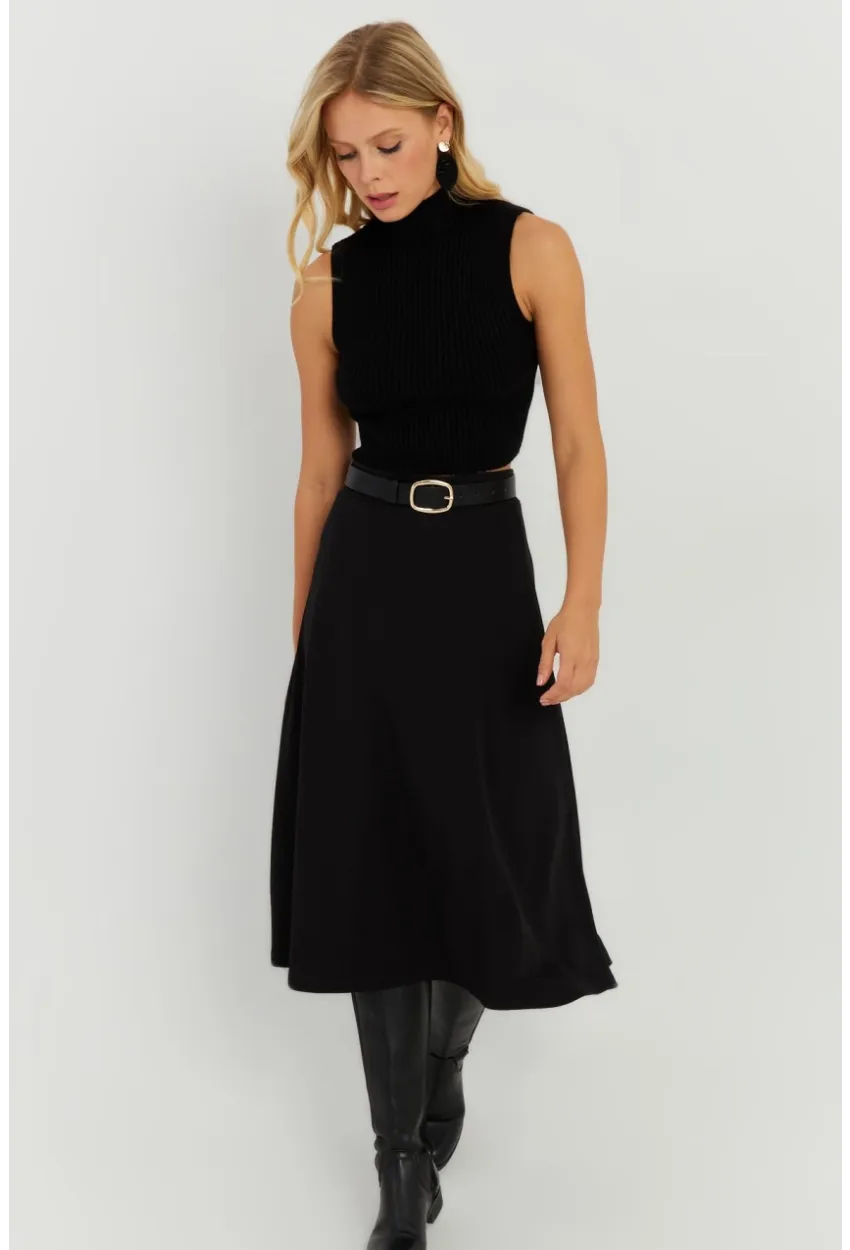 Kadın Siyah Kloş Midi Etek LV173