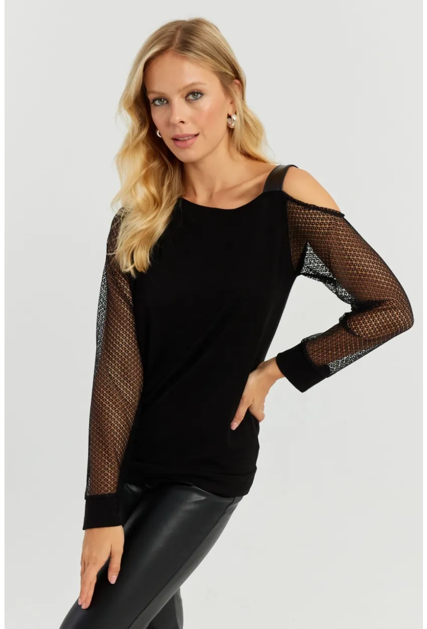 Kadın Siyah Kolları Dantel Bluz ST6022