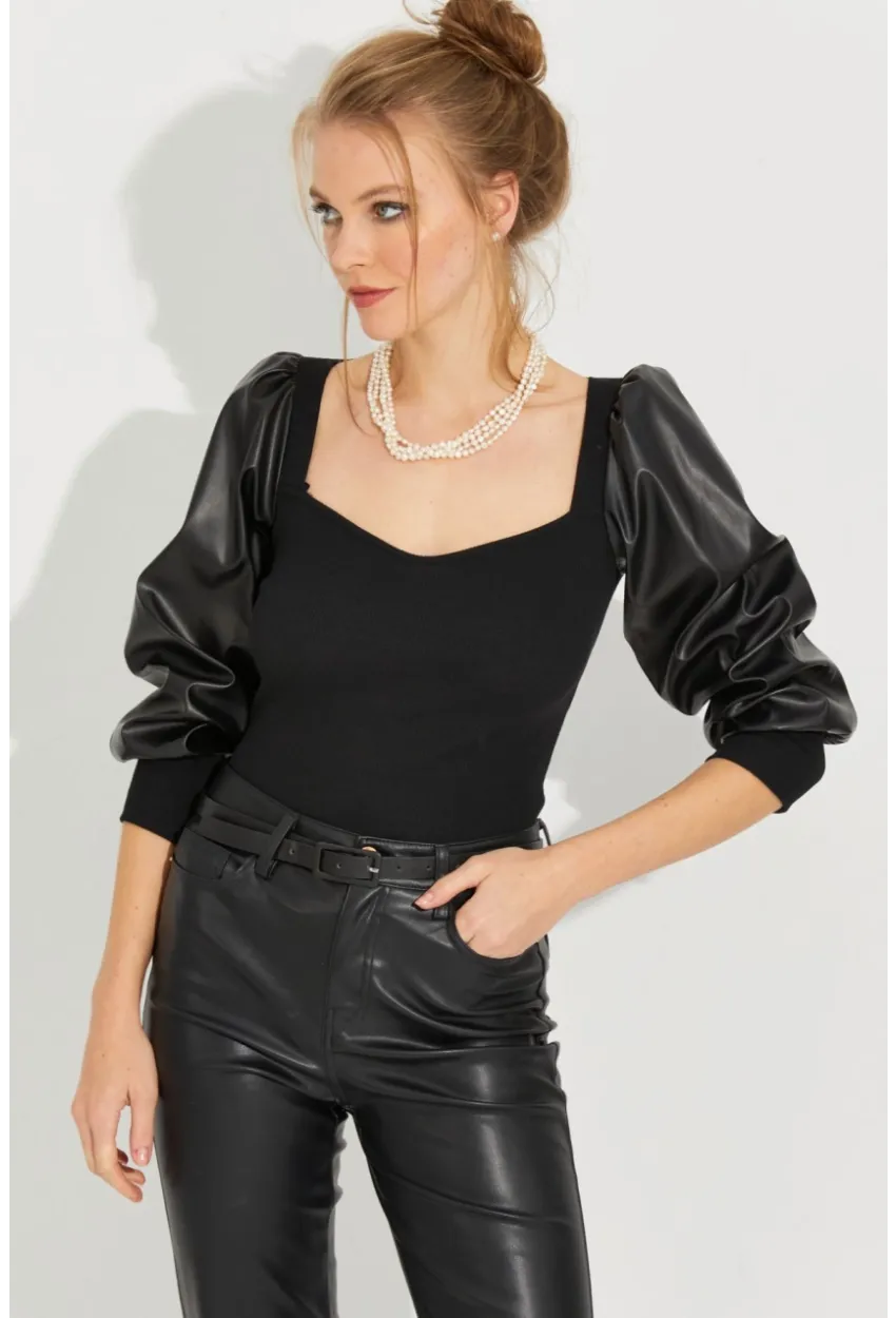 Kadın Siyah Kolları Deri Kaşkorse Bluz Yİ2494