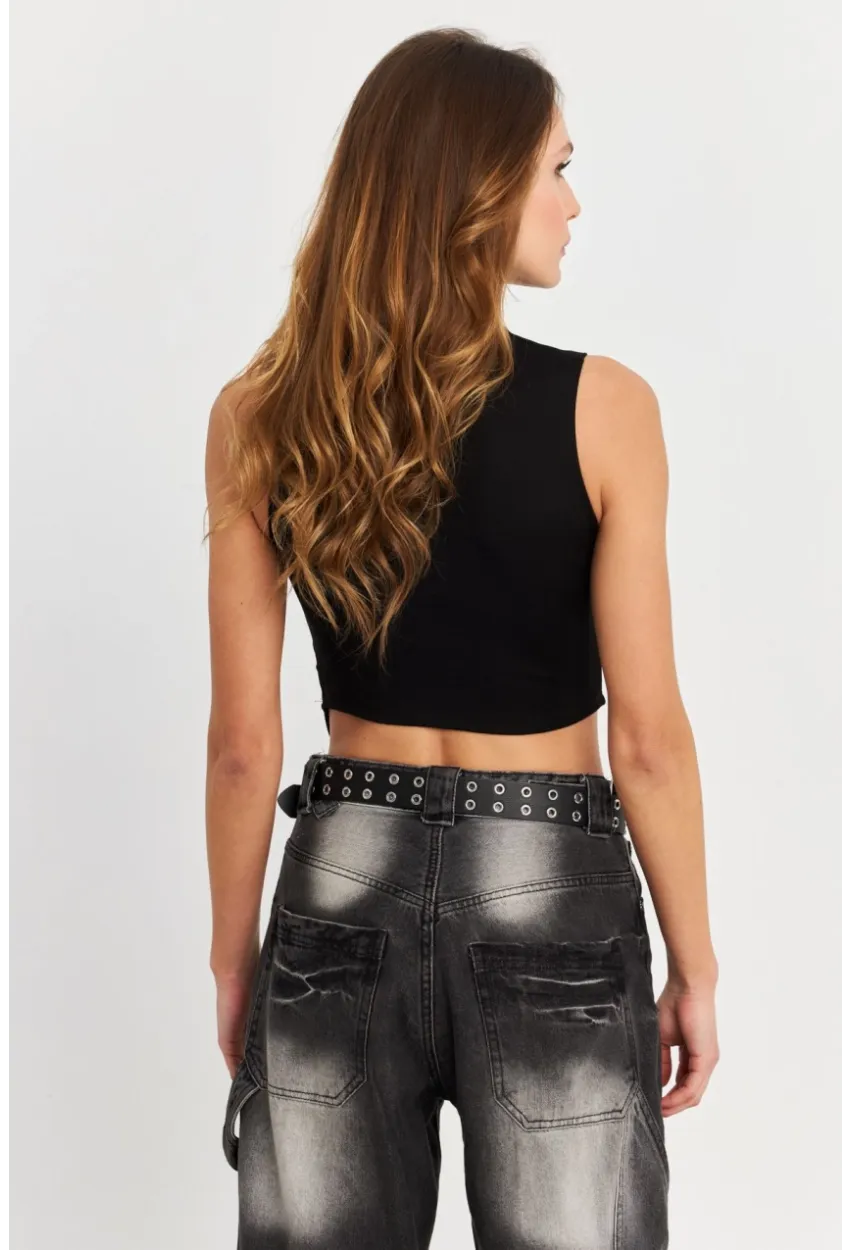 Kadın Siyah Kolsuz Crop Bluz ZH07
