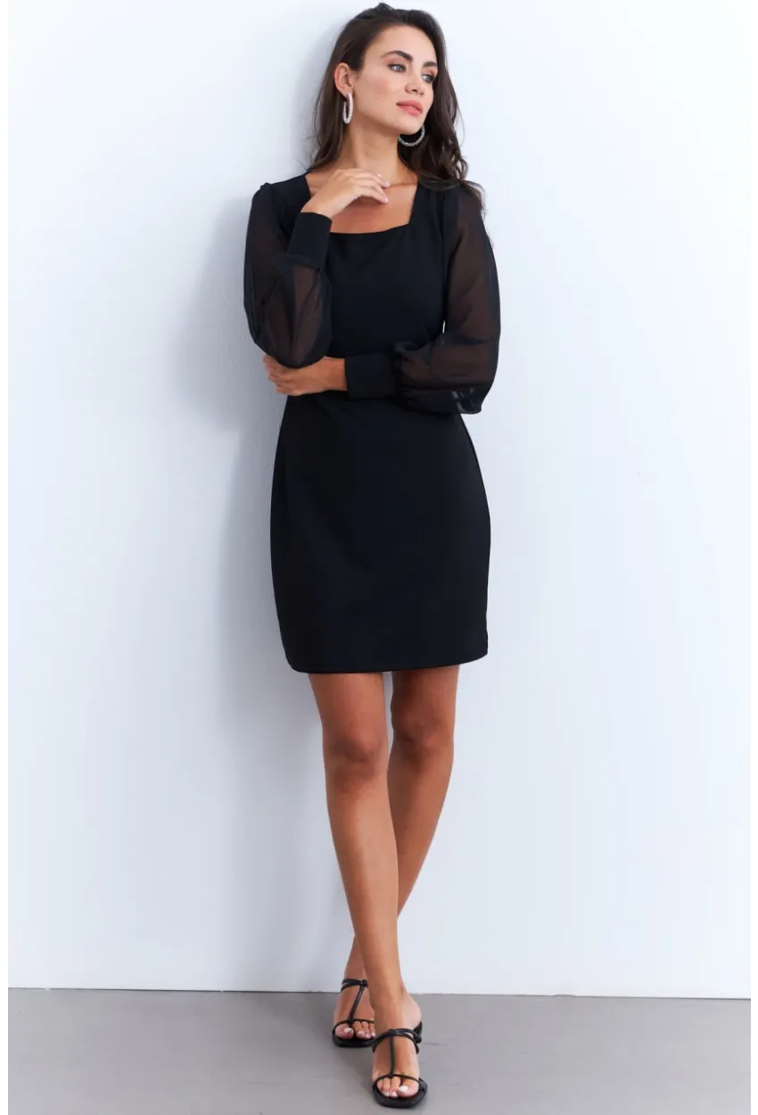 Kadın Siyah Kolu Tül Kare Yaka Midi Elbise ST841