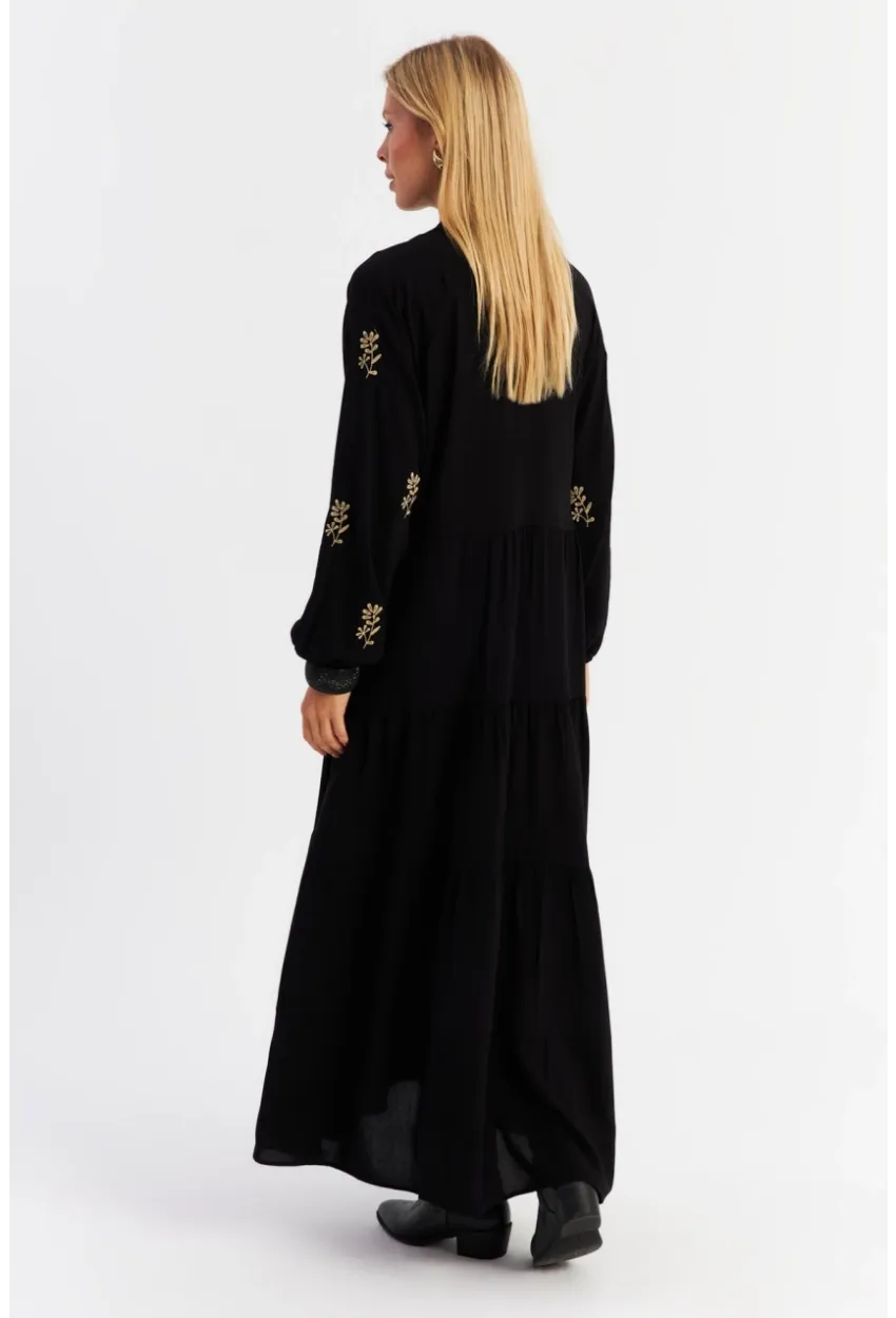 Kadın Siyah Kordon Detaylı Nakışlı Maxi Elbise MALO5