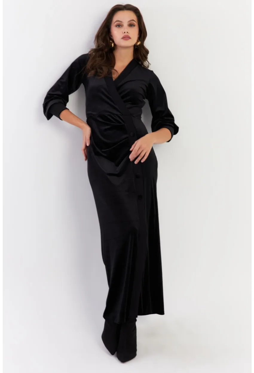 Kadın Siyah Kruvaze Büzgülü Kadife Maxi Elbise ALO1007