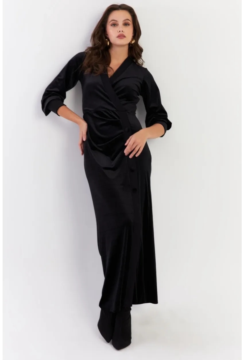 Kadın Siyah Kruvaze Büzgülü Kadife Maxi Elbise ALO1007-9