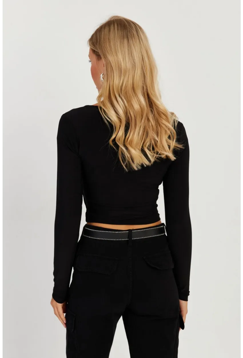 Kadın Siyah Kruvaze Crop Bluz LPP1252