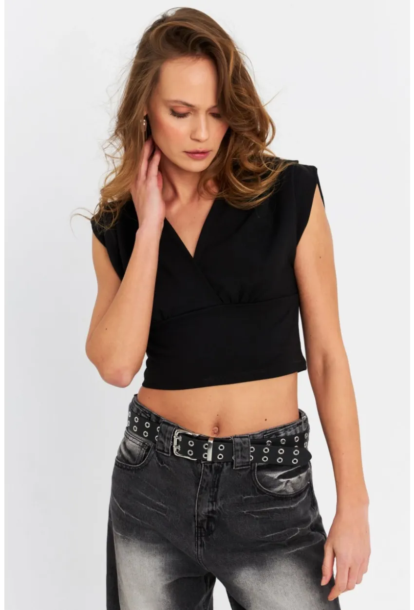 Kadın Siyah Kruvaze Crop Bluz SDY1234