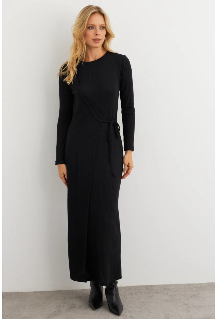 Kadın Siyah Kruvaze Maxi Elbise COL31