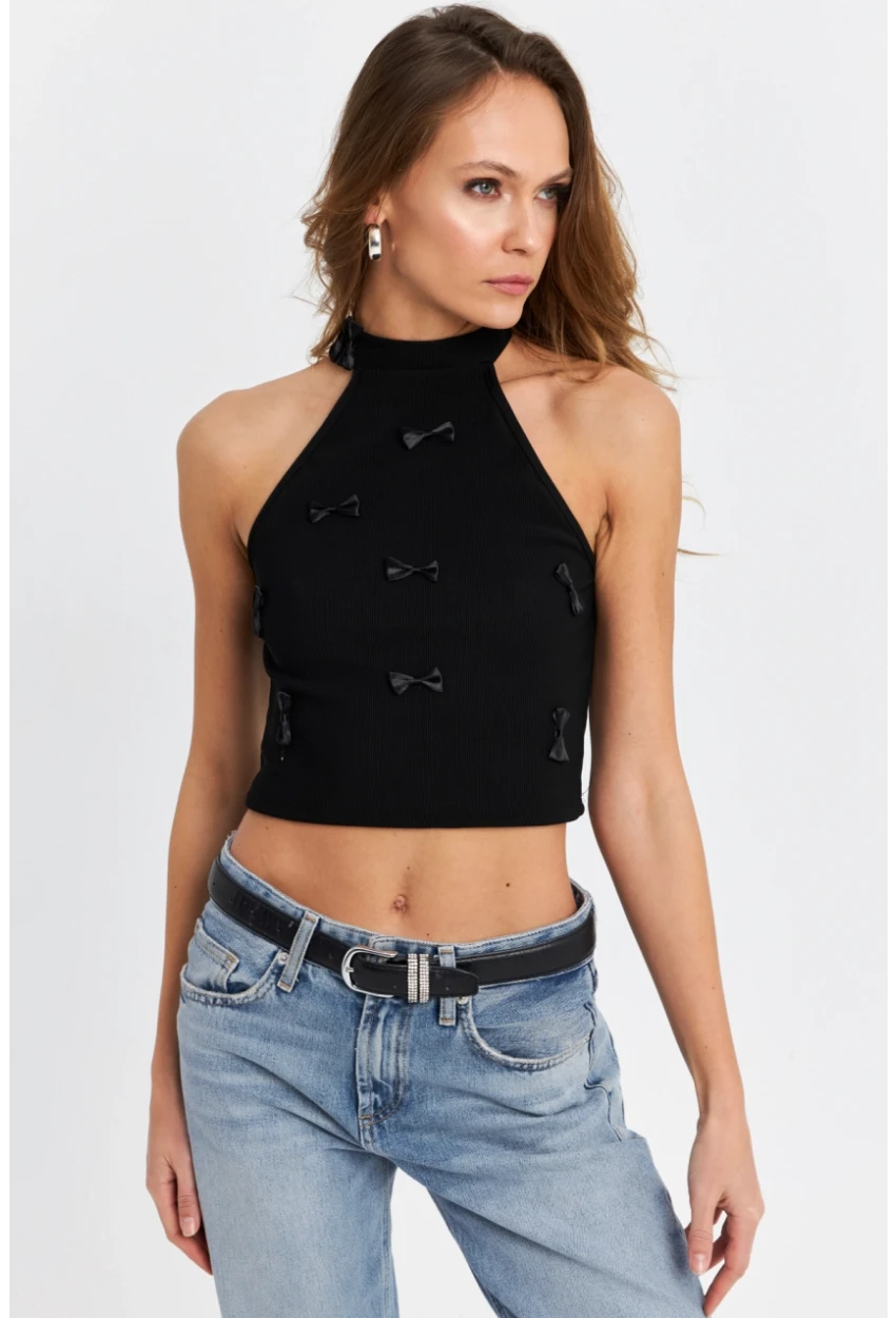 Kadın Siyah Kurdele Detaylı Halter Yaka Bluz MTK13231
