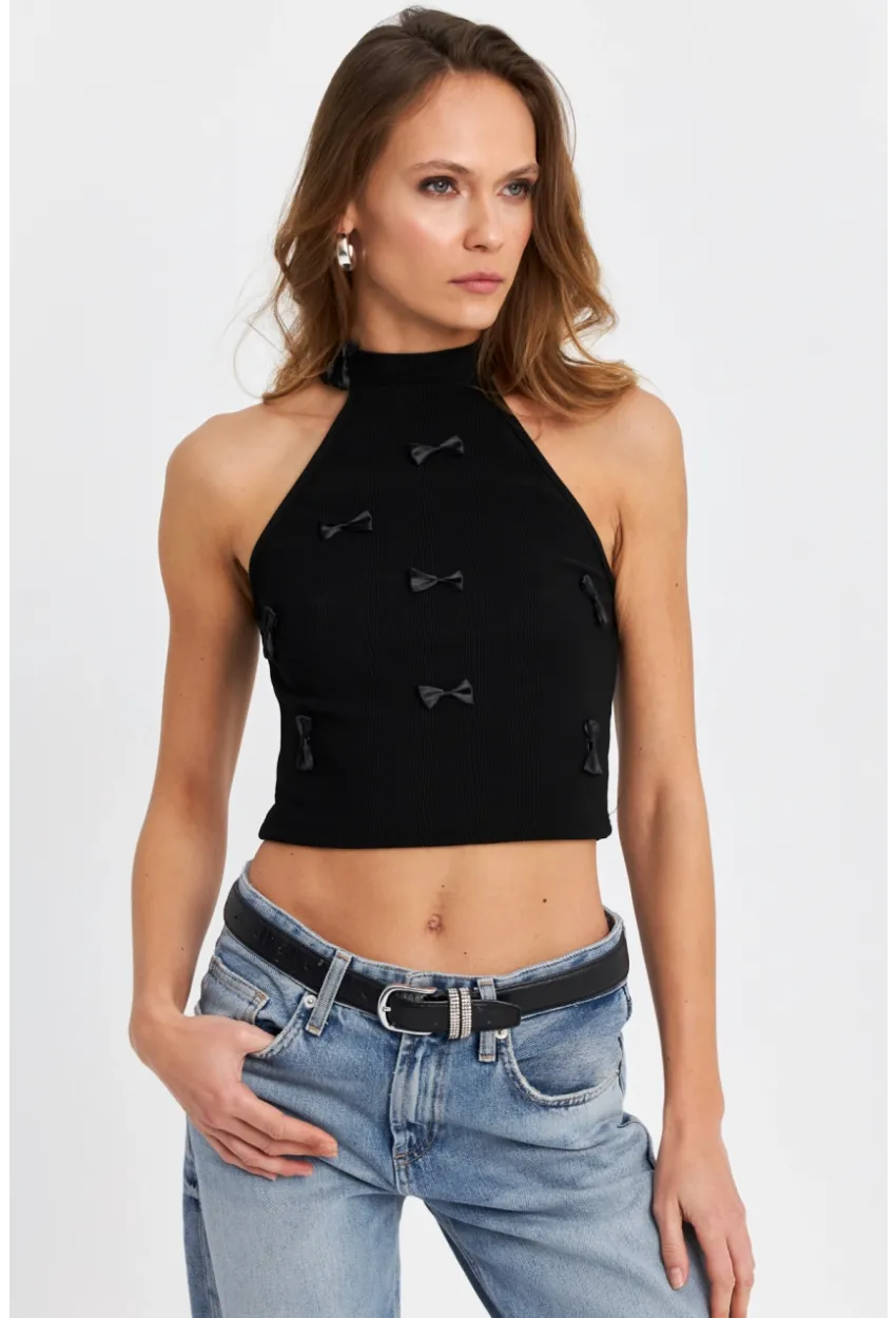 Kadın Siyah Kurdele Detaylı Halter Yaka Bluz MTK13231