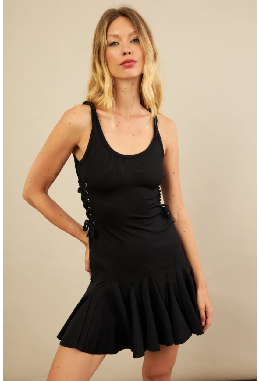 Kadın Siyah Kuş Gözlü Fırfırlı Midi Elbise YEL221710