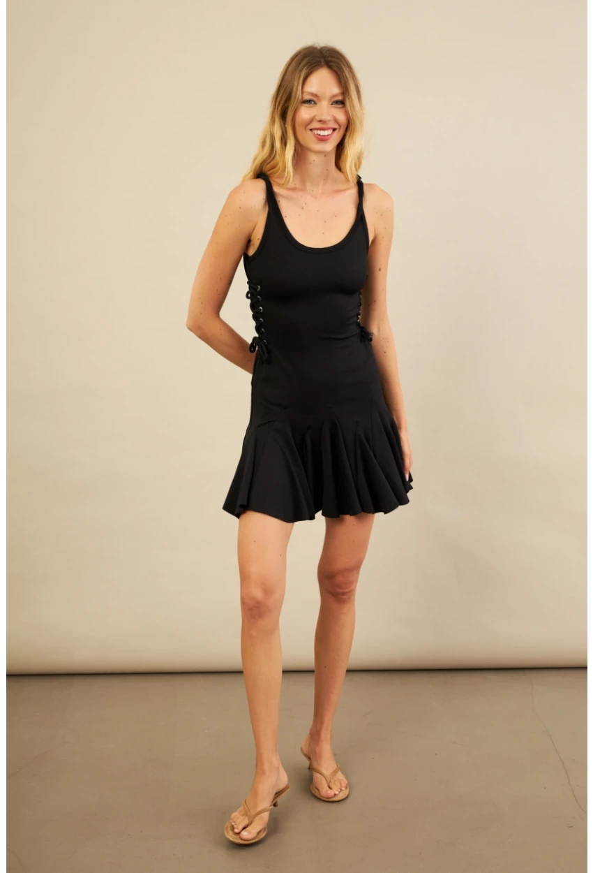 Kadın Siyah Kuş Gözlü Fırfırlı Midi Elbise YEL221710