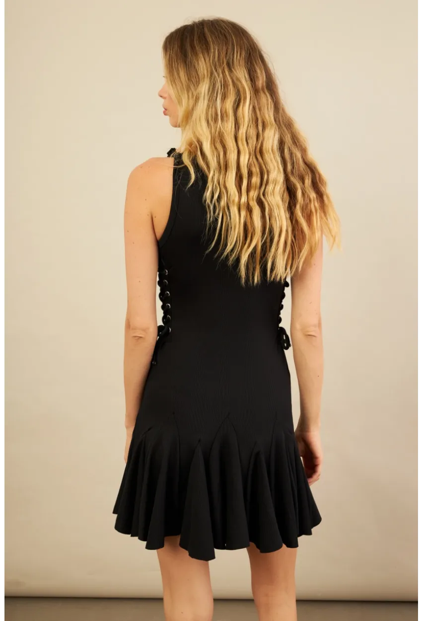 Kadın Siyah Kuş Gözlü Fırfırlı Midi Elbise YEL221710